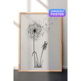 Zestia Ahşap Çerçeveli Duvar Tablosu Karahindiba Çiçeği Siyah Beyaz Çizim Salon Dekoru, 21 x 30