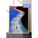 Zestia Ahşap Çerçeveli Duvar Tablosu Kıyı Şeridi Boyunca Yürüyen Figür Minimal Manzara Salon Dekoru, 30 x 40