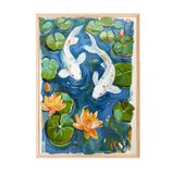 Zestia Ahşap Çerçeveli Duvar Tablosu Koi Balıkları ve Lotus Çiçekli Gölet Manzarası Salon Dekoru, 70 x 100