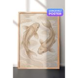 Zestia Ahşap Çerçeveli Duvar Tablosu Krem Tonlarda Zarif Koi Sükuneti Salon Dekoru, 21 x 30