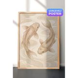 Zestia Ahşap Çerçeveli Duvar Tablosu Krem Tonlarda Zarif Koi Sükuneti Salon Dekoru, 50 x 70