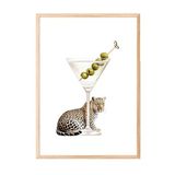 Zestia Ahşap Çerçeveli Duvar Tablosu Leoparlı Martini İllüstrasyonu – Modern Beyaz Fon Salon Dekoru, 30 x 40