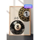Zestia Ahşap Çerçeveli Duvar Tablosu Lucky Yazılı Leopar Desenli Bilardo Topu Sulu Boya Salon Dekoru, 15 x 21