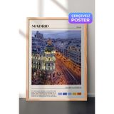 Zestia Ahşap Çerçeveli Duvar Tablosu Madrid Gece Şehir Manzarası Salon Dekoru, 21 x 30
