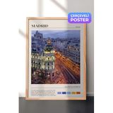 Zestia Ahşap Çerçeveli Duvar Tablosu Madrid Gece Şehir Manzarası Salon Dekoru, 70 x 100