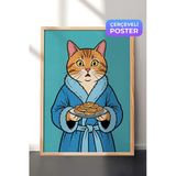 Zestia Ahşap Çerçeveli Duvar Tablosu Mavi Bornozlu Kedi ve Pankek Ritüeli Pop Art Salon Dekoru, 13 x 18