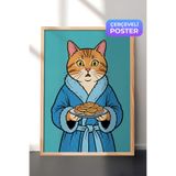 Zestia Ahşap Çerçeveli Duvar Tablosu Mavi Bornozlu Kedi ve Pankek Ritüeli Pop Art Salon Dekoru, 21 x 30