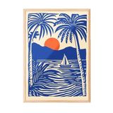 Zestia Ahşap Çerçeveli Duvar Tablosu Mavi Turuncu Palmiye ve Yelkenli Salon Dekoru, 50 x 70
