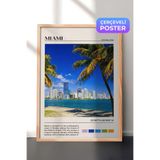 Zestia Ahşap Çerçeveli Duvar Tablosu Miami Palmiye Sahili Şehir Manzarası Salon Dekoru, 21 x 30