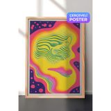 Zestia Ahşap Çerçeveli Duvar Tablosu Neon Renklerde Soyut Yüz Formu Psikedelik Sanat Salon Dekoru, 70 x 100
