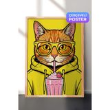 Zestia Ahşap Çerçeveli Duvar Tablosu Neon Sarı Pop Art Gözlüklü Kedi Çocuk Odası Dekoru, 21 x 30
