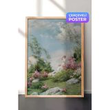 Zestia Ahşap Çerçeveli Duvar Tablosu Pastel Tonlarda Bahar Bahçesi Çiçekli Doğa Manzarası Salon Dekoru, 70 x 100