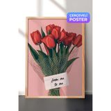 Zestia Ahşap Çerçeveli Duvar Tablosu Pembe Arka Planlı Kırmızı Lale Buketi Modern Sanat Salon Dekoru, 70 x 100