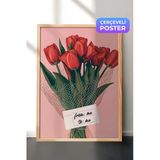 Zestia Ahşap Çerçeveli Duvar Tablosu Pembe Arka Planlı Kırmızı Lale Buketi Modern Sanat Salon Dekoru, 70 x 100