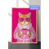 Zestia Ahşap Çerçeveli Duvar Tablosu Pembe Glam Kedi Kahve Ritüeli Salon Dekoru, 70 x 100