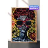 Zestia Ahşap Çerçeveli Duvar Tablosu Renkli Desenlerle Pop Art Kedi Figürü Salon Dekoru, 21 x 30