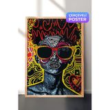 Zestia Ahşap Çerçeveli Duvar Tablosu Renkli Desenlerle Pop Art Kedi Figürü Salon Dekoru, 70 x 100