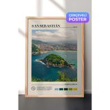 Zestia Ahşap Çerçeveli Duvar Tablosu San Sebastian Körfezi ve Ada Manzarası İspanya Salon Dekoru, 70 x 100