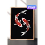 Zestia Ahşap Çerçeveli Duvar Tablosu Siyah Zeminde Kontrast Koi Ritmi Salon Dekoru, 30 x 40