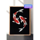 Zestia Ahşap Çerçeveli Duvar Tablosu Siyah Zeminde Kontrast Koi Ritmi Salon Dekoru, 30 x 40