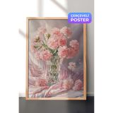 Zestia Ahşap Çerçeveli Duvar Tablosu Vazoda Pembe Çiçekler Zarif Romantik Dekoratif Aranjman Salon Dekoru, 21 x 30