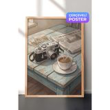 Zestia Ahşap Çerçeveli Duvar Tablosu Vintage Kamera ve Kahve Molası Nostaljik Seyahat Köşesi Salon Dekoru, 21 x 30
