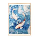Zestia Ahşap Çerçeveli Tablo, Koi Balıkları, Mavi Dalgalar, Japon Stil Poster No: 107335 21 x 30