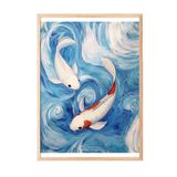 Zestia Ahşap Çerçeveli Tablo, Koi Balıkları, Mavi Dalgalar, Japon Stil Poster No: 107335 50 x 70