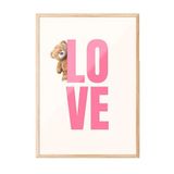 Zestia Ahşap Çerçeveli Tablo, LOVE Yazısı ve Ayıcık Figürü, Tatlı Tipografi Poster No: 107660 70 x 100