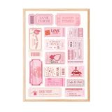 Zestia Ahşap Çerçeveli Tablo Pembe Etiket Kolajı - Romantik Retro Tasarım Ofis Dekoru Poster 106222, 21 x 30