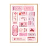 Zestia Ahşap Çerçeveli Tablo Pembe Etiket Kolajı - Romantik Retro Tasarım Ofis Dekoru Poster 106222, 30 x 40