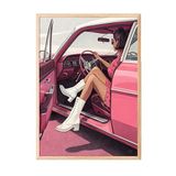 Zestia Ahşap Çerçeveli Tablo, Pembe Retro Araba ve Kadın, Genç Odası Dekoru Poster No: 113729 30 x 40