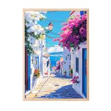Zestia Ahşap Çerçeveli Tablo, Yunan Adası Sokak Manzarası, Balkon Dekoru Poster No: 111245 70 x 100