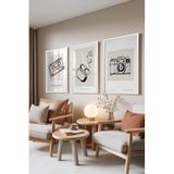 Zestia Beyaz Çerçeveli 3’lü Tablo Seti, Kaset, Kulaklık ve Fotoğraf Makinesi Çizimleri, Ofis Set No: 30037 21 x 30