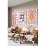 Zestia Beyaz Çerçeveli 3’lü Tablo Seti Pembe Enerji – Modern Pop Art Genç Odası Set 30129, 50 x 70