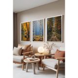 Zestia Beyaz Çerçeveli 3’lü Tablo Seti Sonbahar Manzara Resimleri – Orman ve Göl Salon Set 30038, 21 x 30