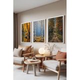Zestia Beyaz Çerçeveli 3’lü Tablo Seti Sonbahar Manzara Resimleri – Orman ve Göl Salon Set 30038, 50 x 70