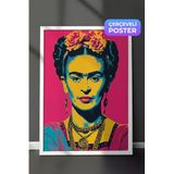 Zestia Beyaz Çerçeveli Duvar Tablosu Frida Kahlo Pop Art Renkli Portre Yorumu Salon Dekoru, 50 x 70