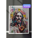 Zestia Beyaz Çerçeveli Duvar Tablosu Graffiti Dokunuşlu Sanatsal İsa Portresi Salon Dekoru, 70 x 100