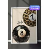 Zestia Beyaz Çerçeveli Duvar Tablosu Lucky Yazılı Leopar Desenli Bilardo Topu Sulu Boya Salon Dekoru, 21 x 30