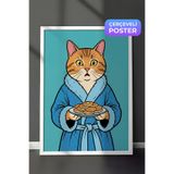 Zestia Beyaz Çerçeveli Duvar Tablosu Mavi Bornozlu Kedi ve Pankek Ritüeli Pop Art Salon Dekoru, 10 x 15