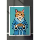 Zestia Beyaz Çerçeveli Duvar Tablosu Mavi Bornozlu Kedi ve Pankek Ritüeli Pop Art Salon Dekoru, 21 x 30