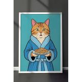 Zestia Beyaz Çerçeveli Duvar Tablosu Mavi Bornozlu Kedi ve Pankek Ritüeli Pop Art Salon Dekoru, 50 x 70