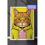 Zestia Beyaz Çerçeveli Duvar Tablosu Neon Sarı Pop Art Gözlüklü Kedi Çocuk Odası Dekoru, 30 x 40