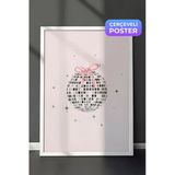 Zestia Beyaz Çerçeveli Duvar Tablosu Pembe Fiyonklu Disko Topu Retro Pop Sanat İllüstrasyonu Salon Dekoru, 50 x 70