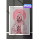 Zestia Beyaz Çerçeveli Duvar Tablosu Pembe Tonlarda Dua Eden Kadın Minimal Sanat Salon Dekoru, 50 x 70