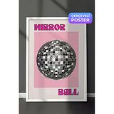 Zestia Beyaz Çerçeveli Duvar Tablosu Pembe Zeminli Disko Topu Modern Retro Sanat Salon Dekoru, 50 x 70