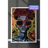 Zestia Beyaz Çerçeveli Duvar Tablosu Renkli Desenlerle Pop Art Kedi Figürü Salon Dekoru, 50 x 70
