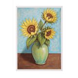 Zestia Beyaz Çerçeveli Duvar Tablosu Vazoda Ayçiçekleri – Sarı ve Mavi Tonlarda Çizgisel Stil Salon Dekoru, 21 x 30