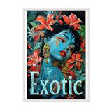 Zestia Beyaz Çerçeveli Tablo, Kadın Portresi, Kırmızı Çiçekler ve Mavi Ten, Exotic Yazılı Poster No: 106584 50 x 70